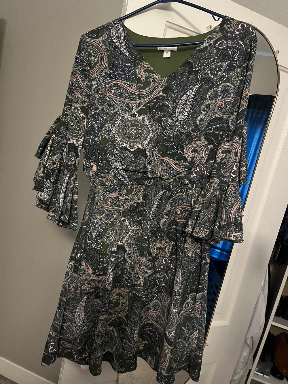 Women's Olive Paisley  Dress with Ruffled Sleeves